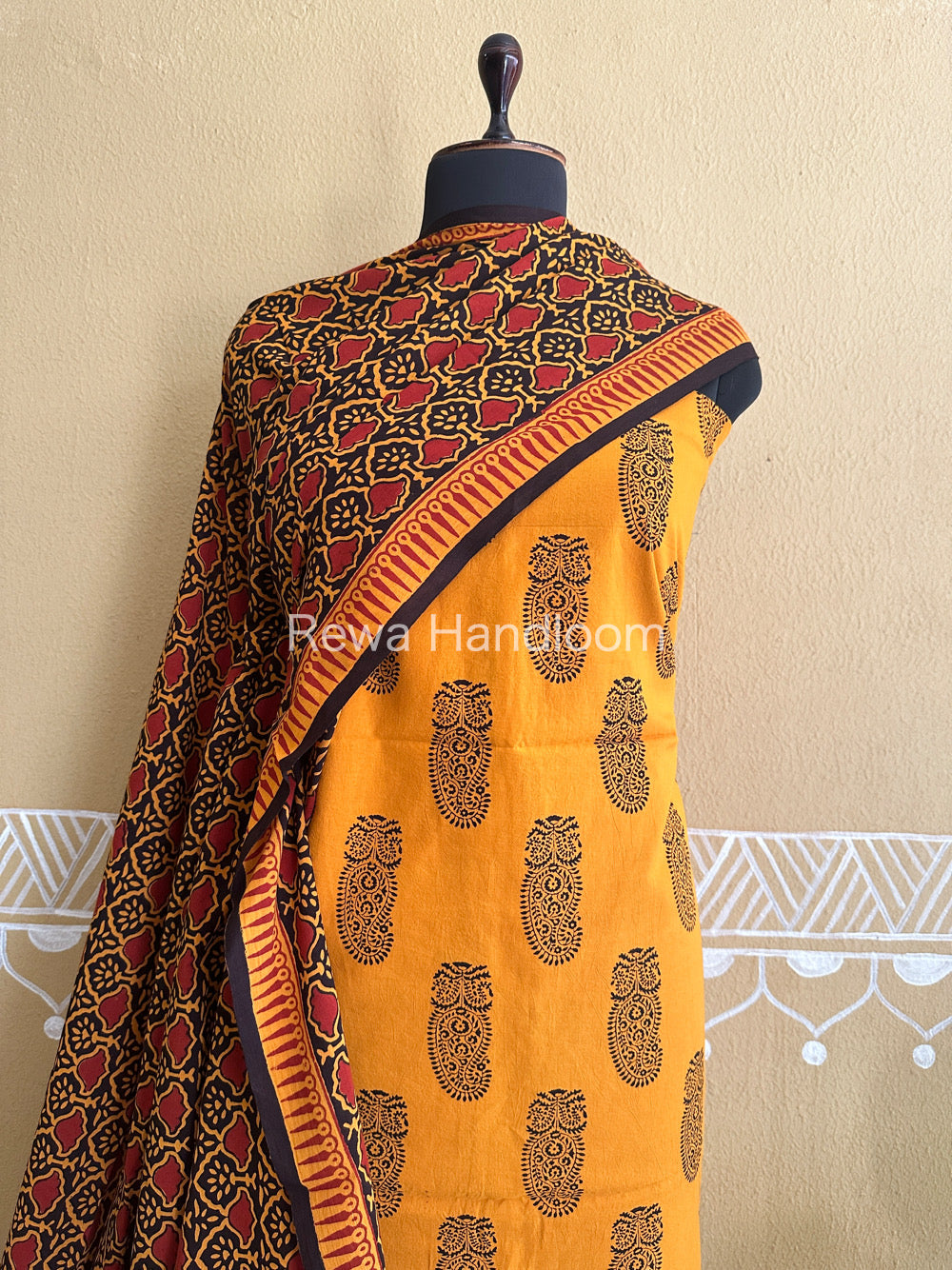 Yellow-Black Bagh Print Cotton Suit-BCSP55