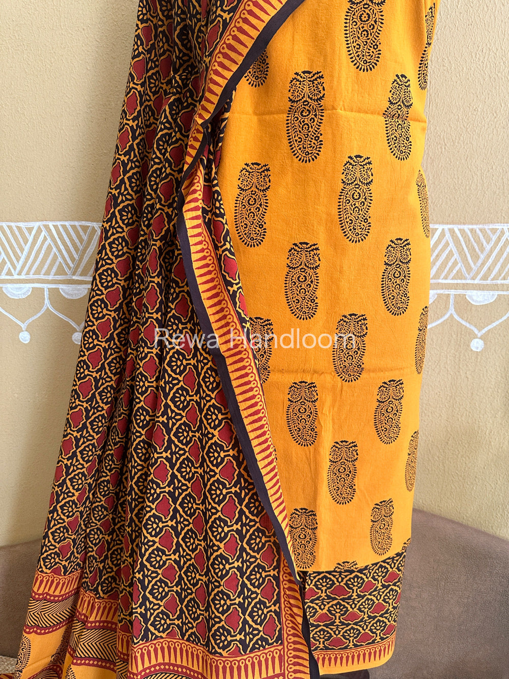Yellow-Black Bagh Print Cotton Suit-BCSP55