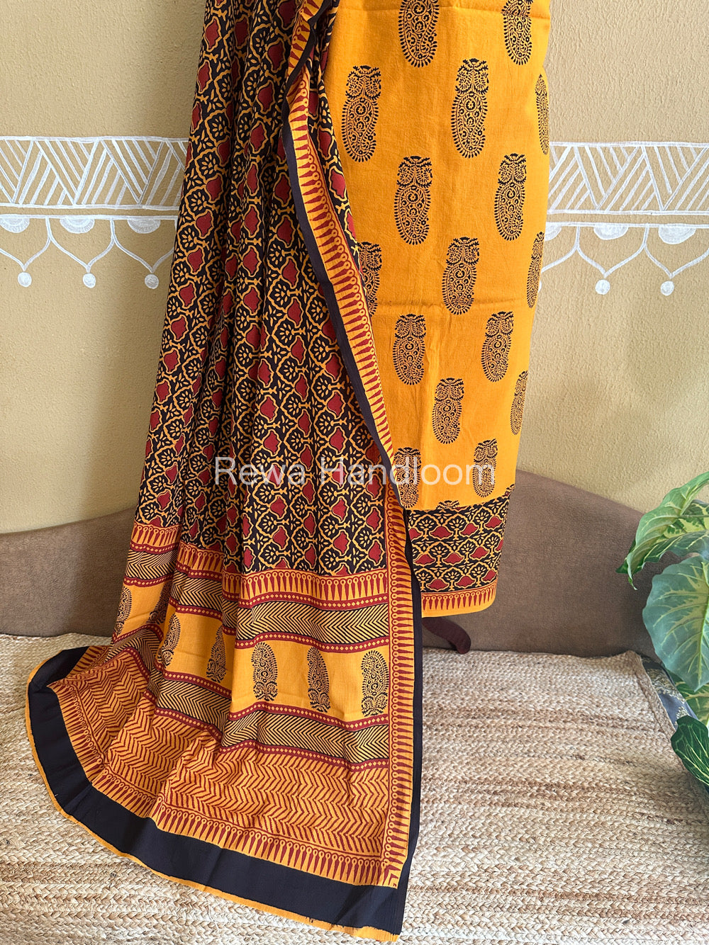 Yellow-Black Bagh Print Cotton Suit-BCSP55