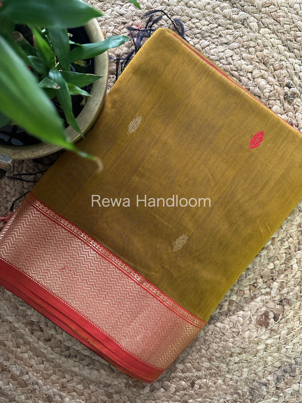 Maheshwari Mustard Green Zari Butti Saree PTB052