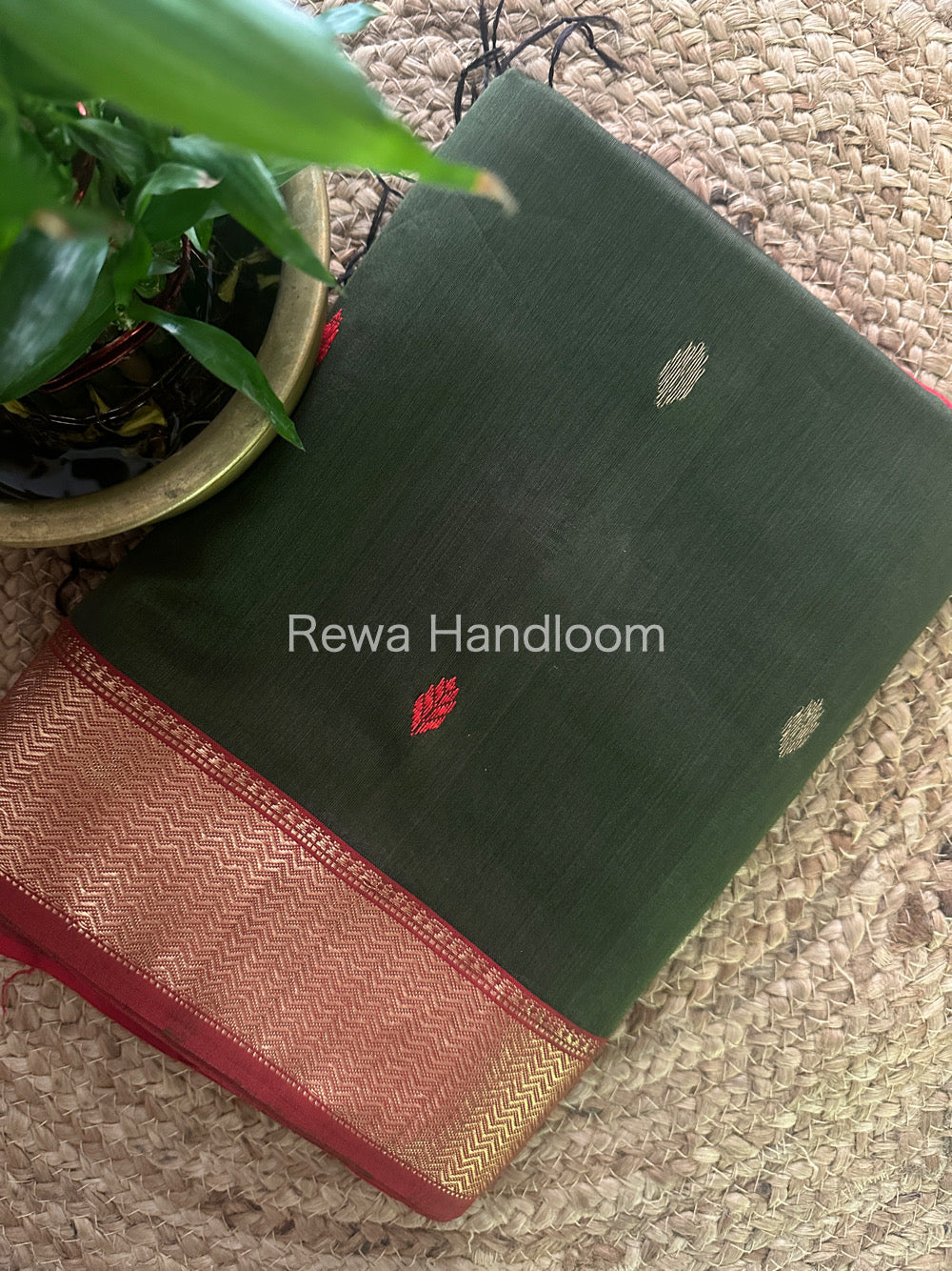 Maheshwari Dark Green Zari Butti Saree PTB72