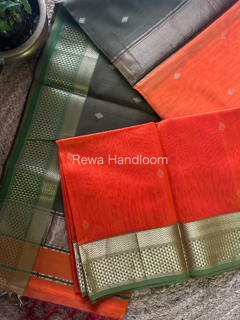Orange Zari Butti Maheshwari Saree PTB098