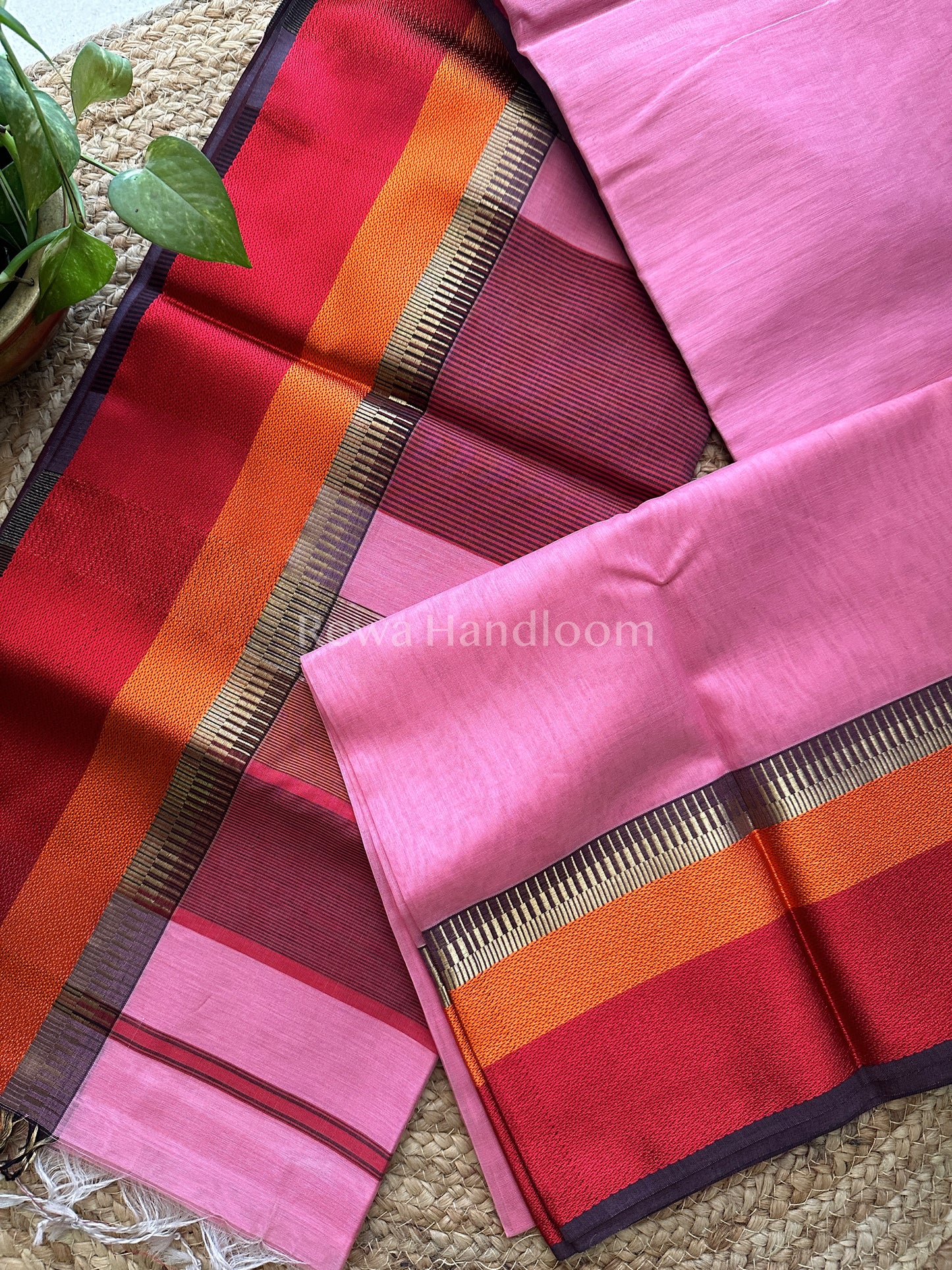 Maheshwari Pink Multicolor Border Saree- MB01
