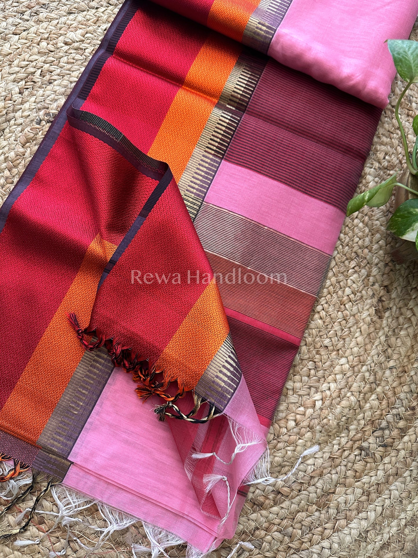 Maheshwari Pink Multicolor Border Saree- MB01