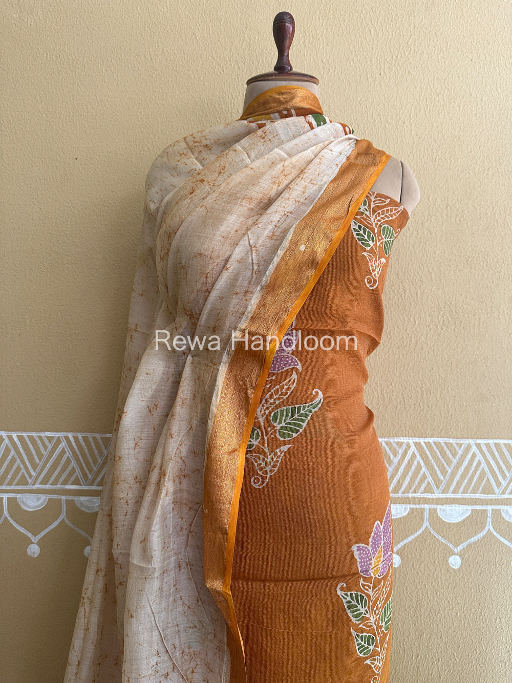 Maheshwari Golden Yellow Batik Tissue Printed Dress Material BTP158