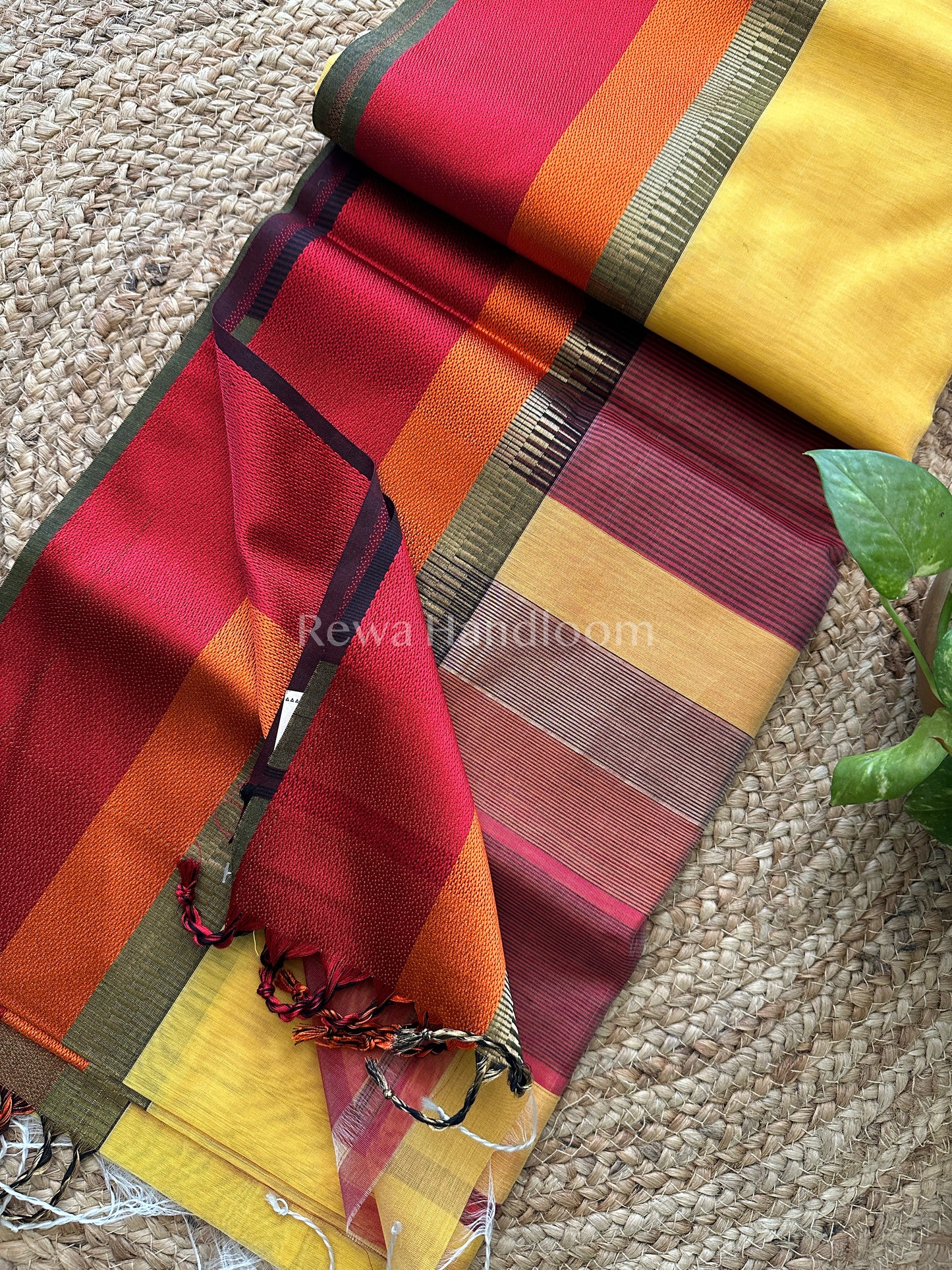 Maheshwari Yellow Multicolor Border Saree- MB06