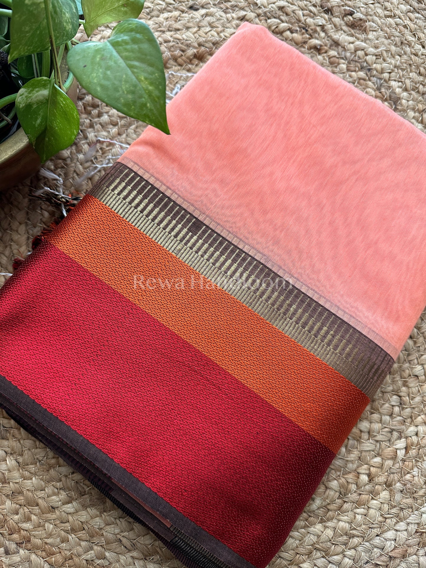 Maheshwari Peach Pink Multicolor Border Saree- MB07