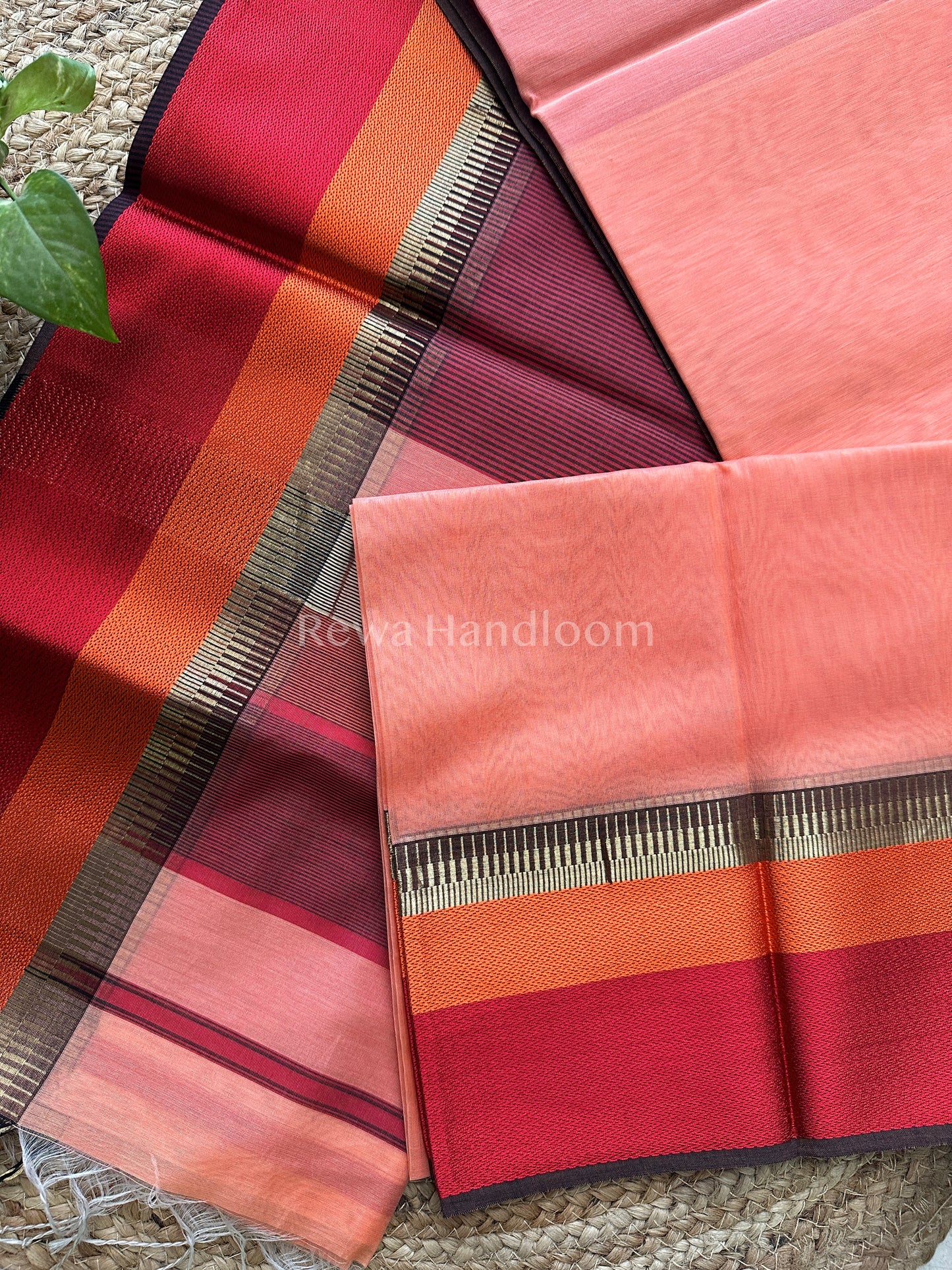Maheshwari Peach Pink Multicolor Border Saree- MB07