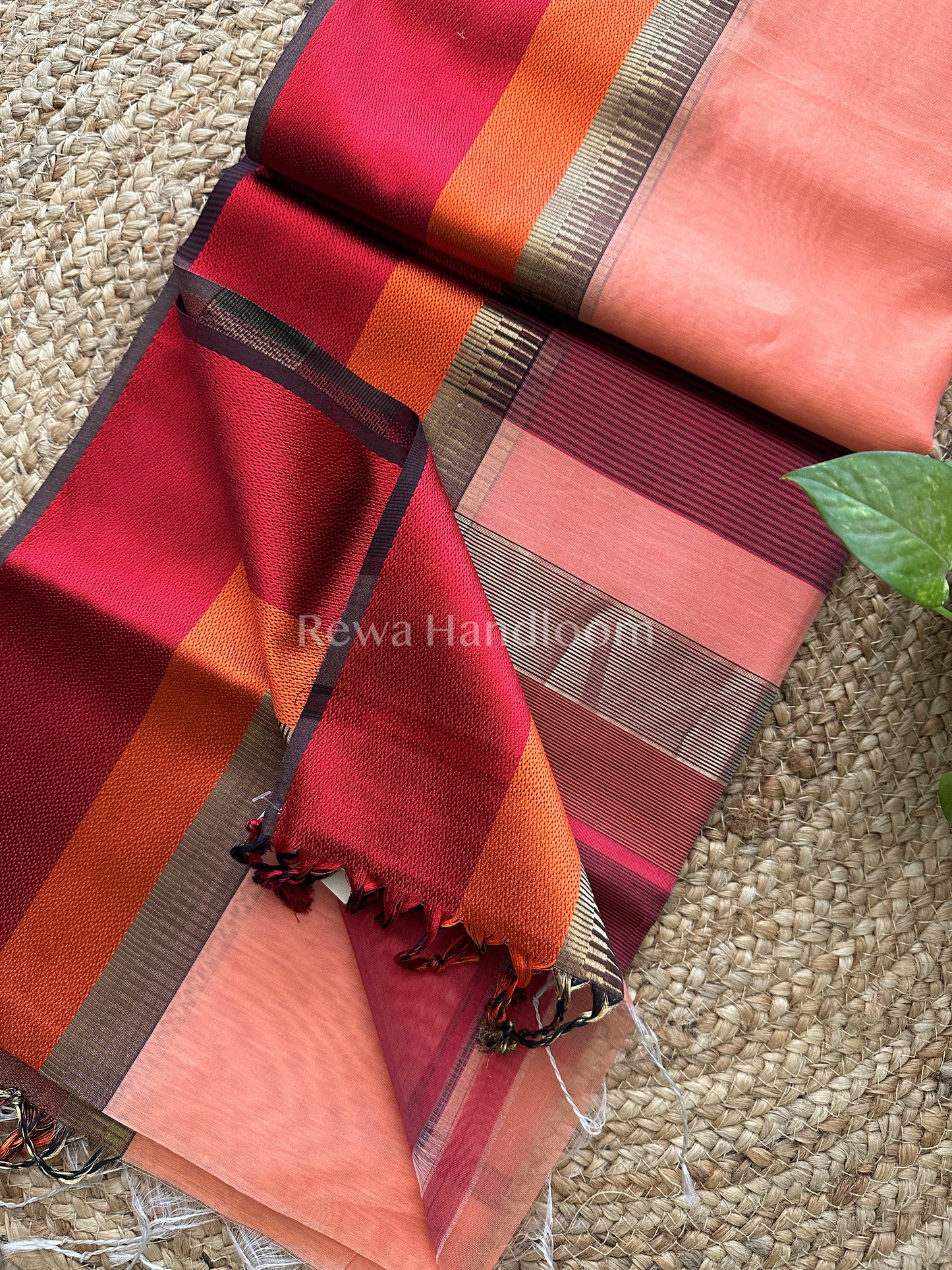 Maheshwari Peach Pink Multicolor Border Saree- MB07