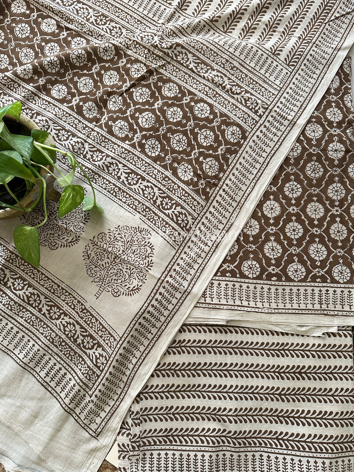 Light Brown- Off white Bagh Print Cotton Suit-BCS33