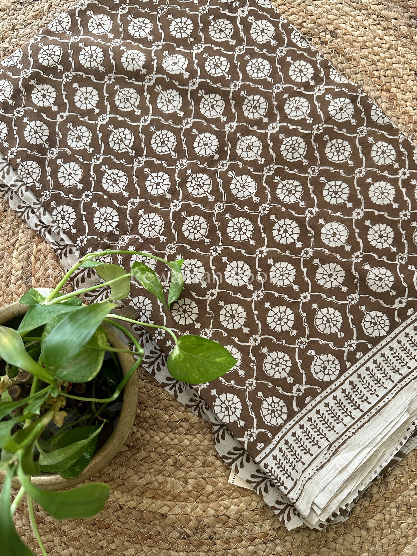 Light Brown- Off white Bagh Print Cotton Suit-BCS33