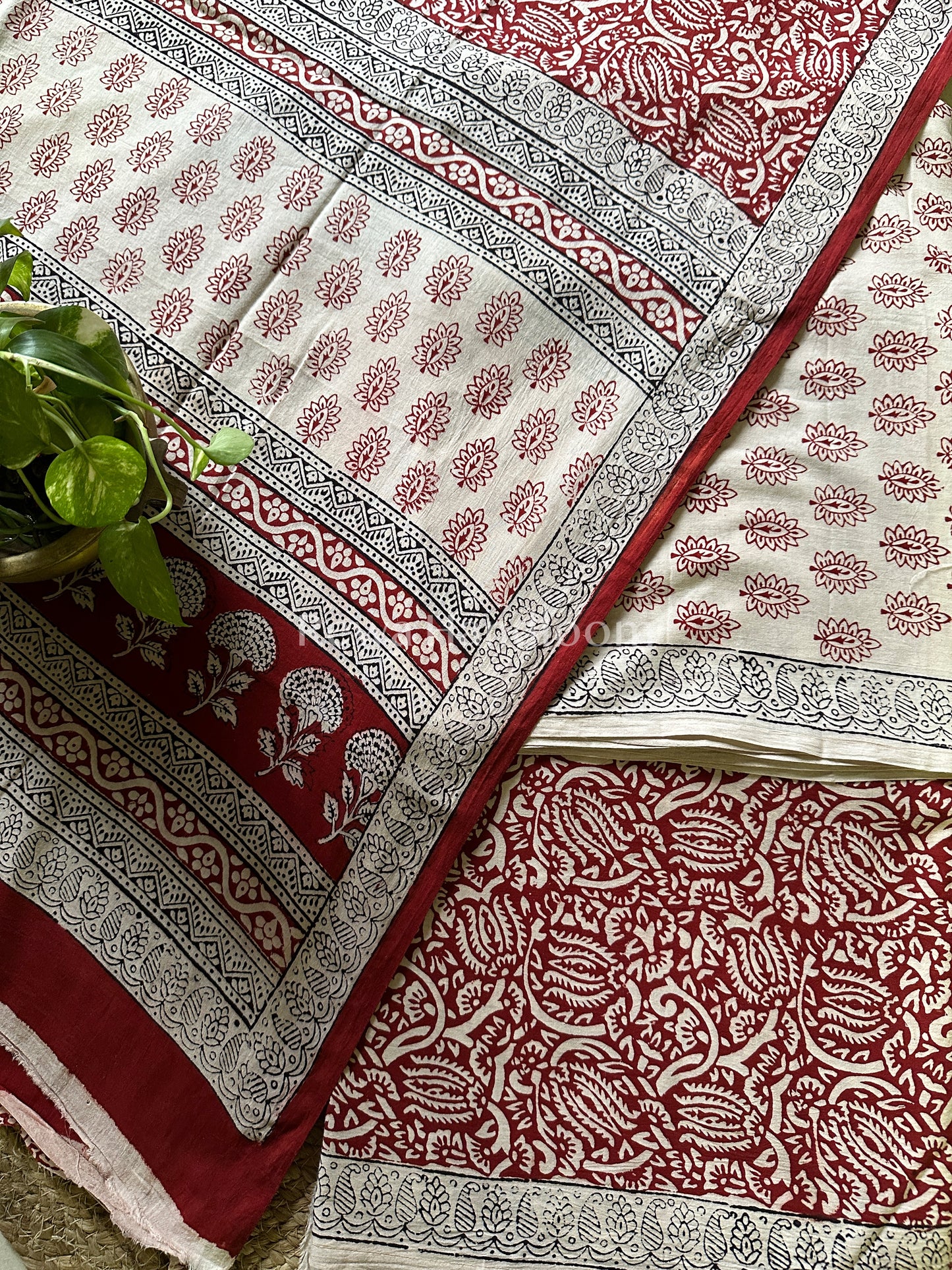 White-Red Bagh Print Cotton Suit-BCS41