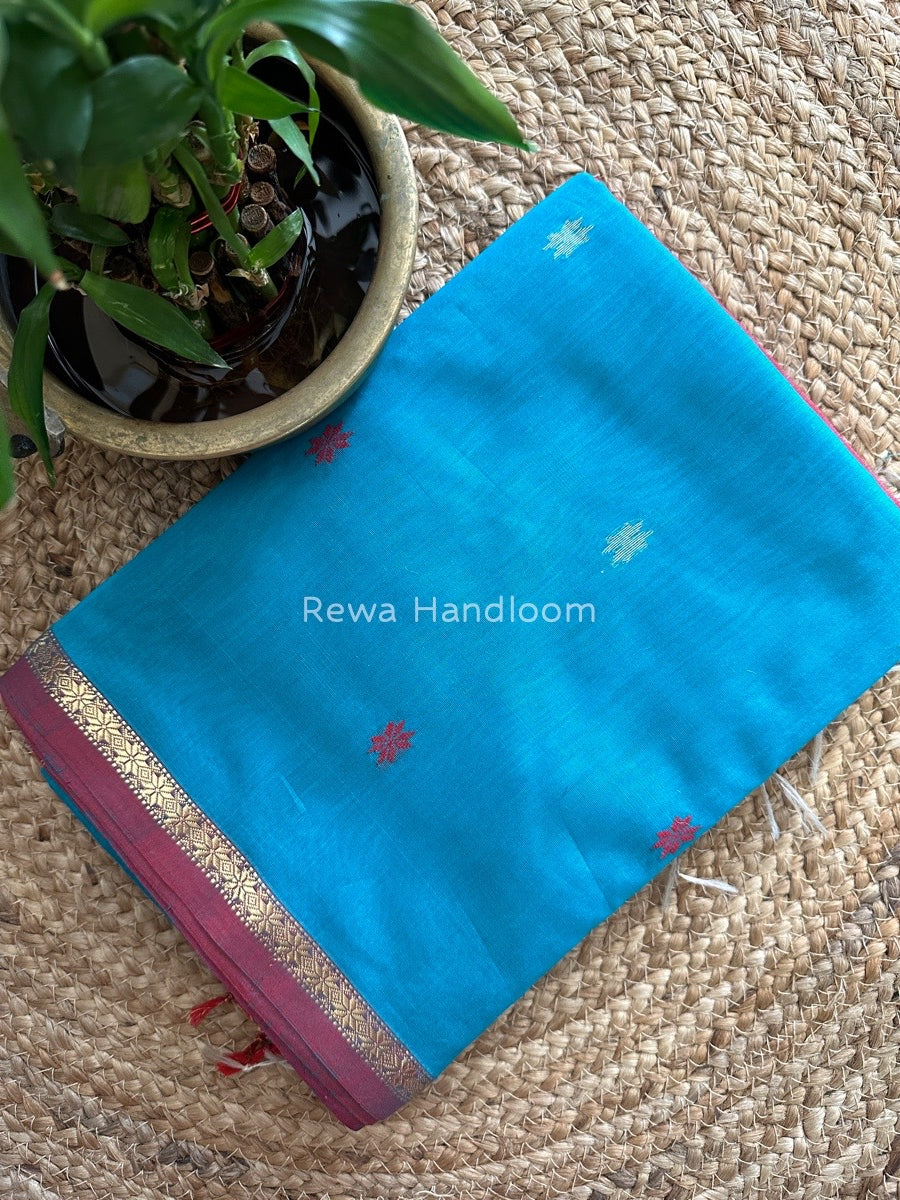 Aqua Blue-Red Zari Butti Maheshwari Saree SBS0038