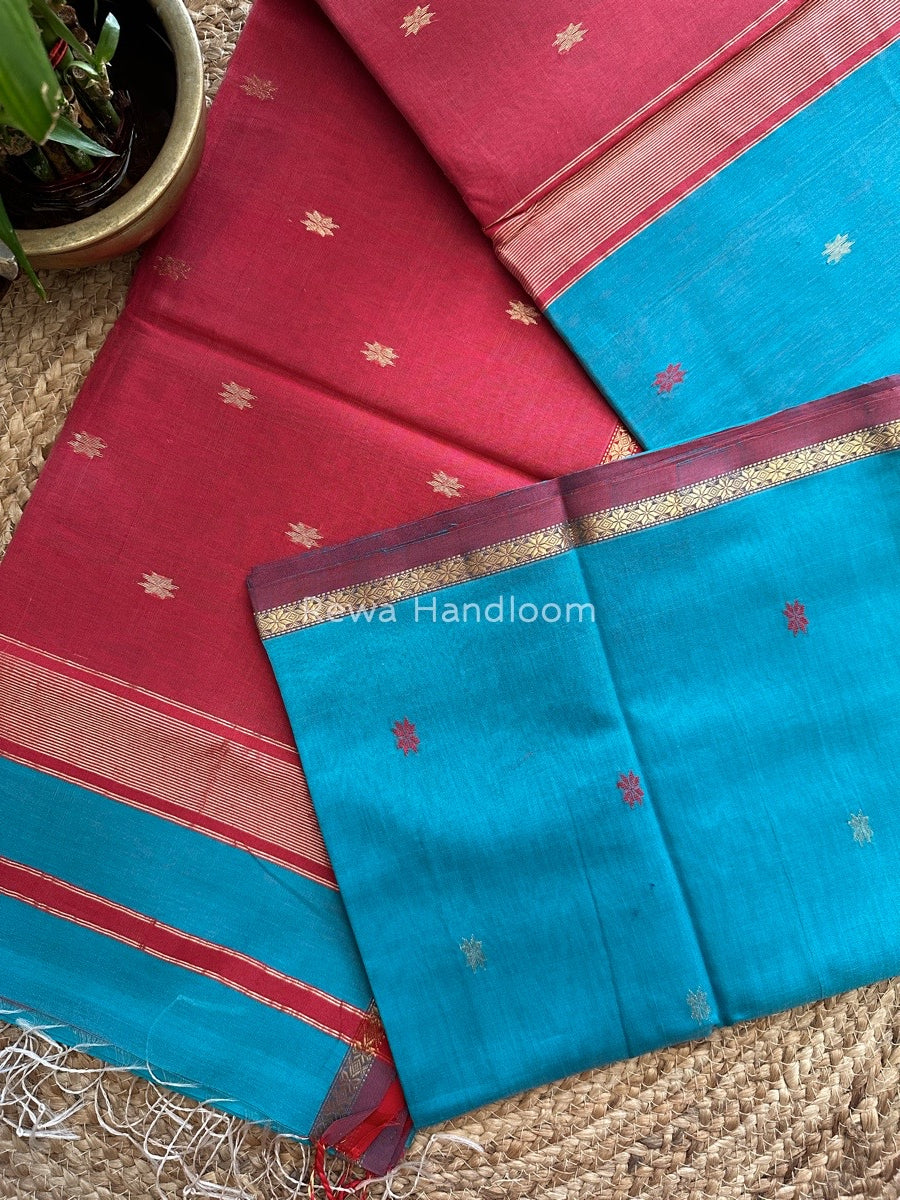 Aqua Blue-Red Zari Butti Maheshwari Saree SBS0038