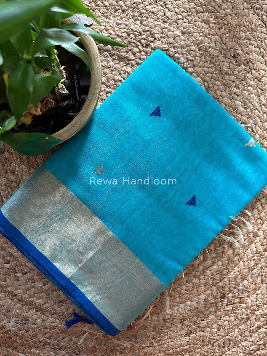 Aqua Blue Zari Triangle Butti Maheshwari Saree SB042