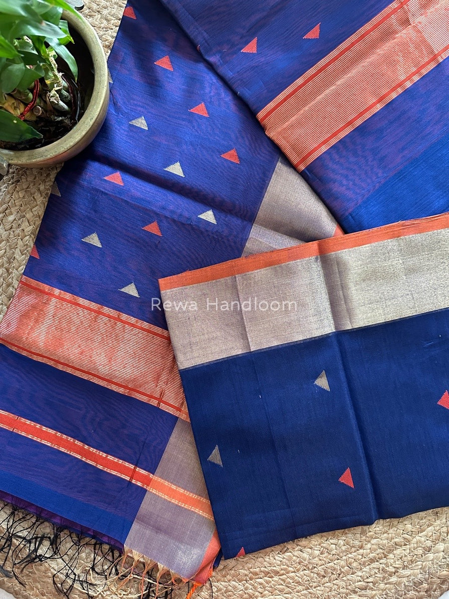 Blue Zari Triangle Butti Maheshwari Saree SB038