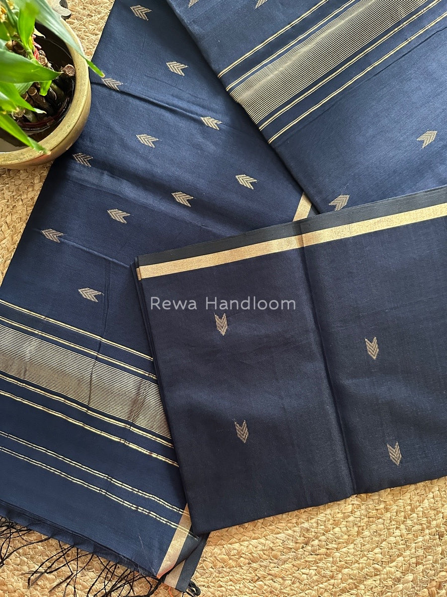 Navy Blue Zari Butti Maheshwari Saree VBS02