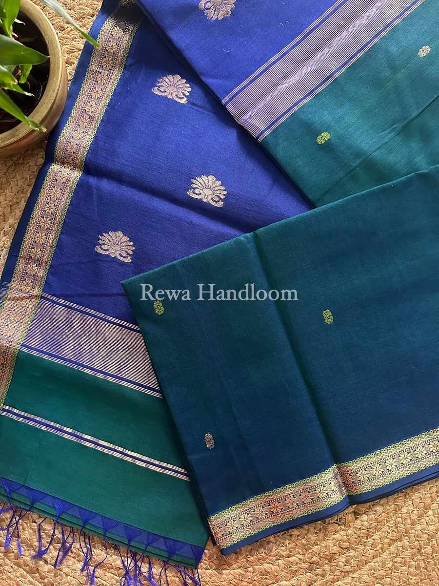 Teal Green Butta Pallu Zari Border Maheshwari Saree MBS021