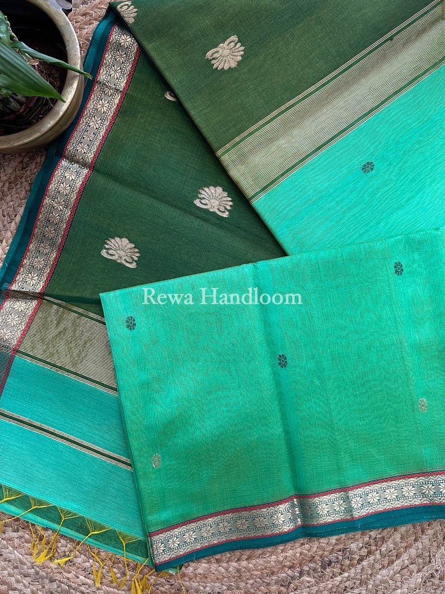 Sea Green Butta Pallu Zari Border Maheshwari Saree MBS032