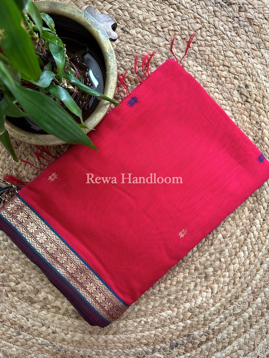 Rani Pink Butta Pallu Zari Border Maheshwari Saree MBS033