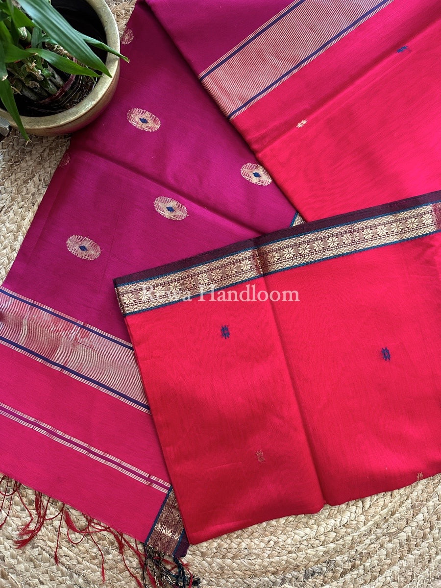 Rani Pink Butta Pallu Zari Border Maheshwari Saree MBS033