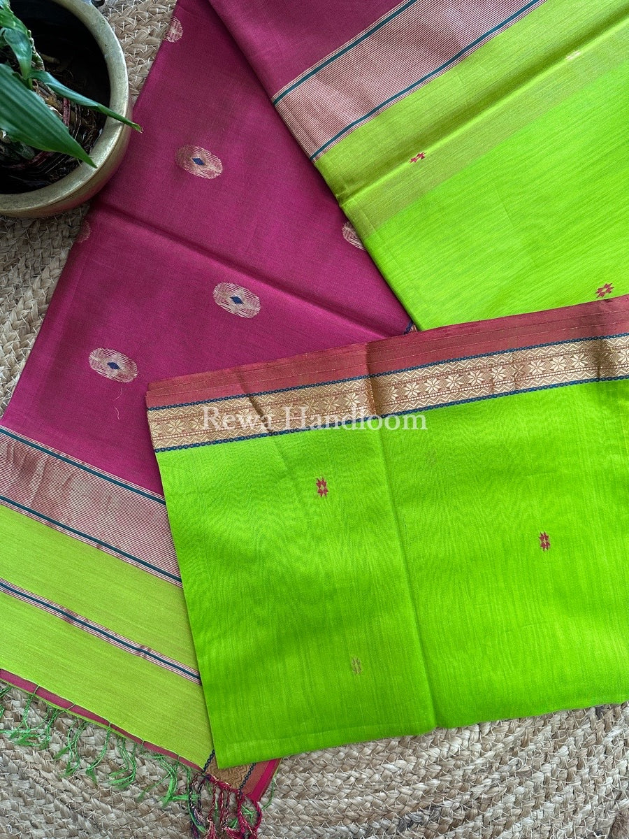 Green Butta Pallu Zari Border Maheshwari Saree MBS028