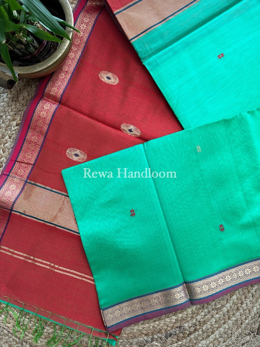 Sea Green Butta Pallu Zari Border Maheshwari Saree MBS019