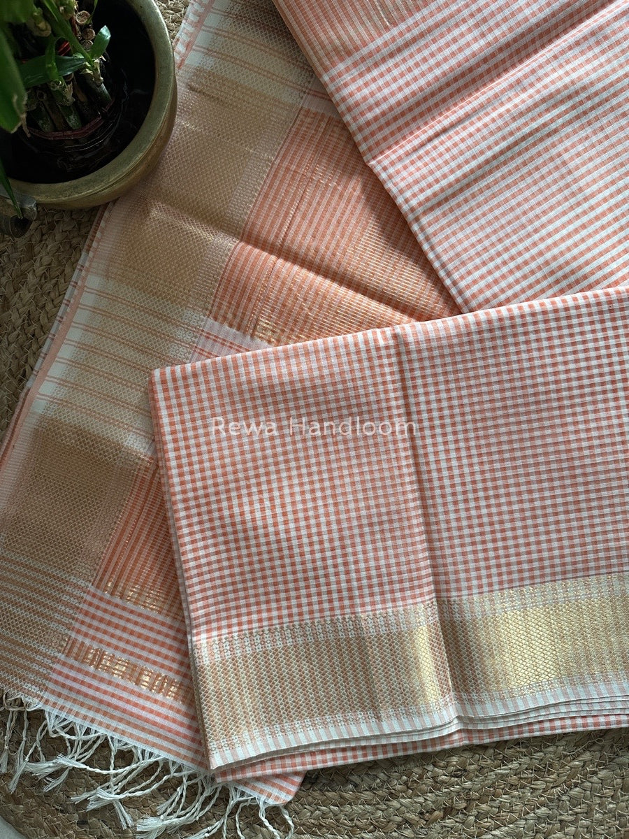 Maheshwari Peach Self Checks Saree MSC01