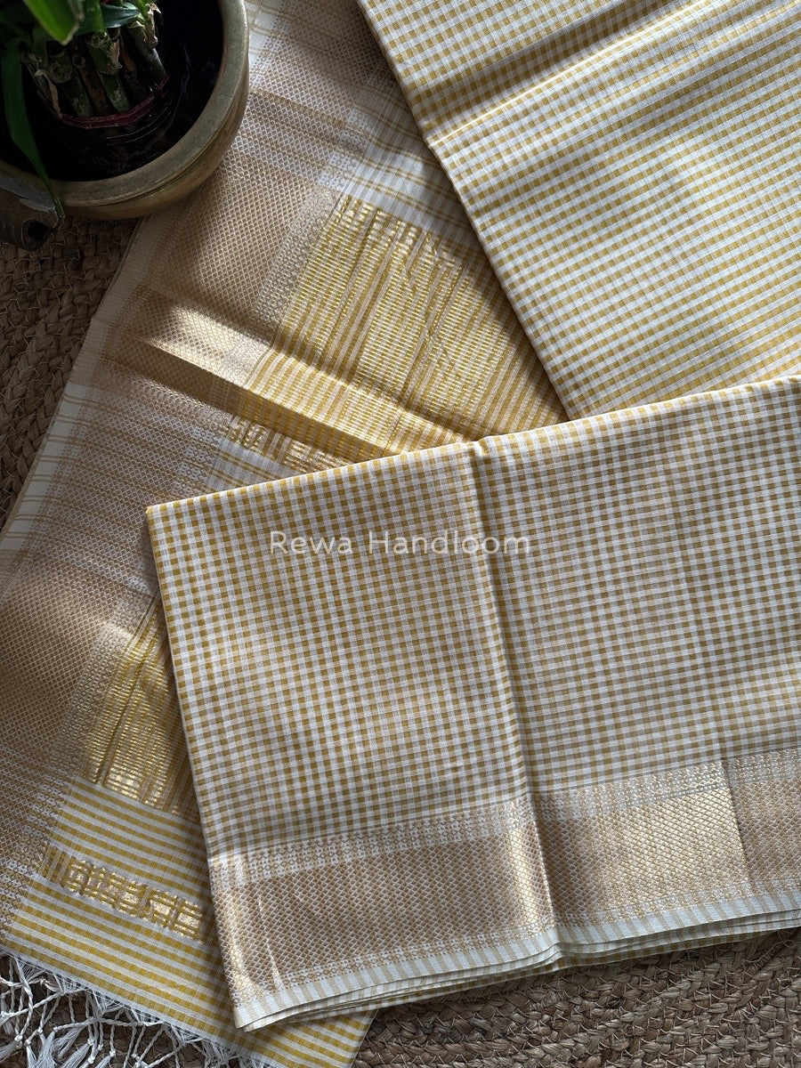 Maheshwari Mustard Yellow Self Checks Saree MSC02