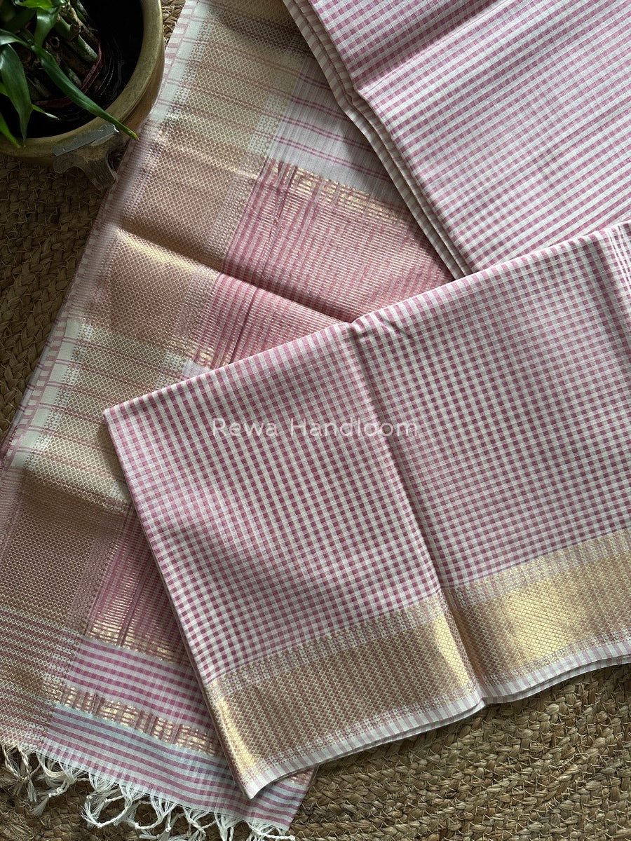 Maheshwari Pink Self Checks Saree MSC03