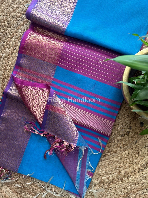 Maheshwari Firozi Blue Zari Diamond Border Saree DB07