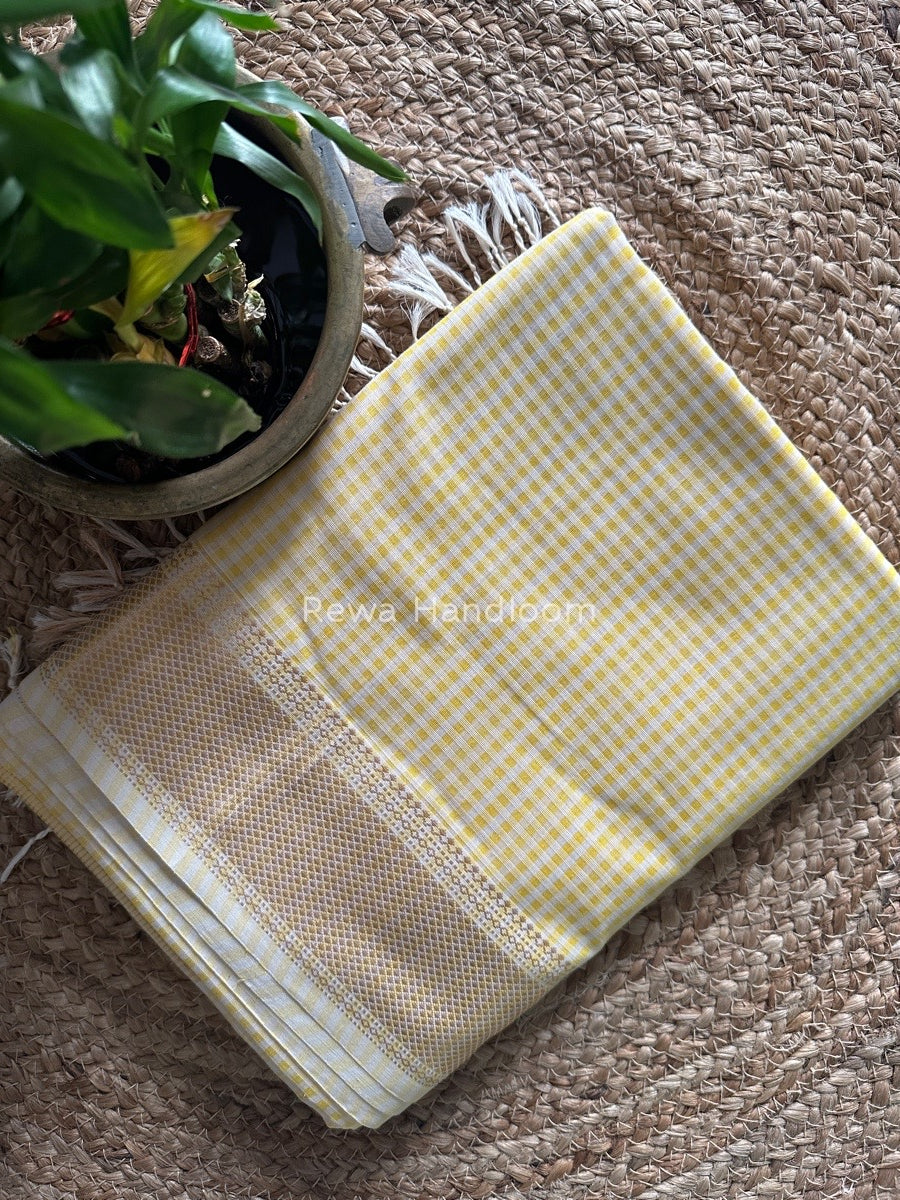 Maheshwari Light Yellow Self Checks Saree MSC09