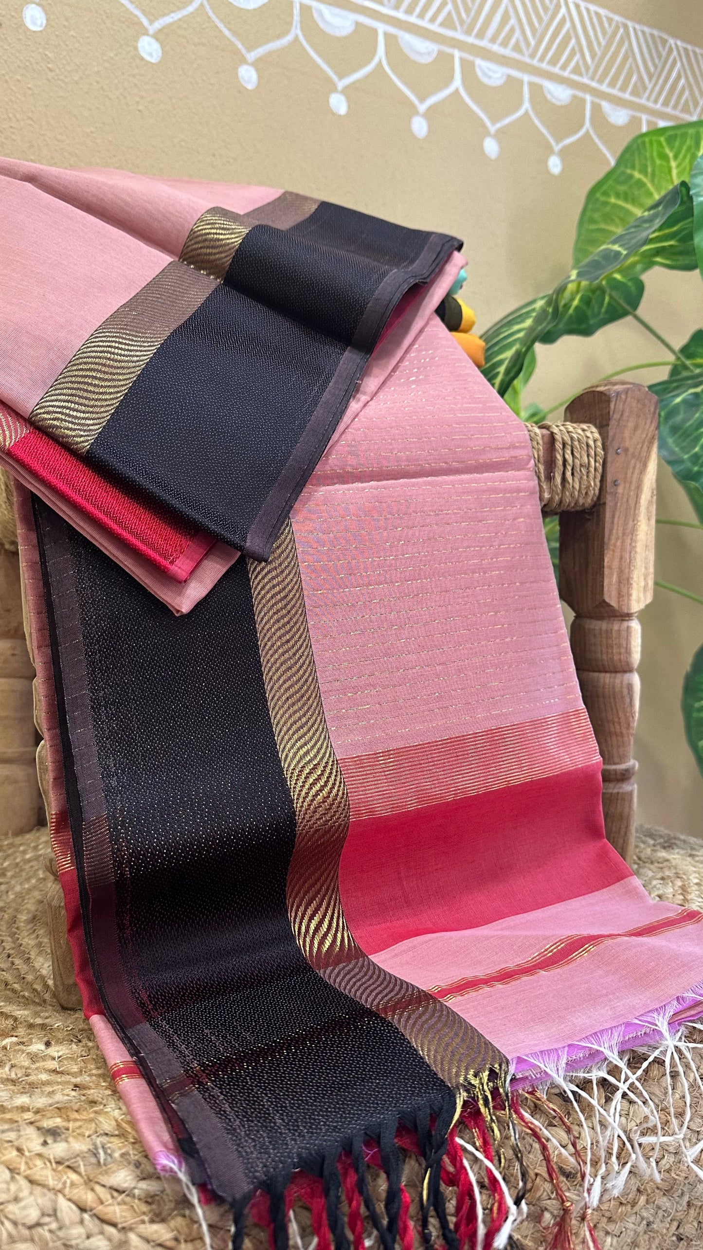 Peach Pink Ganga Jamuna Maheshwari Saree