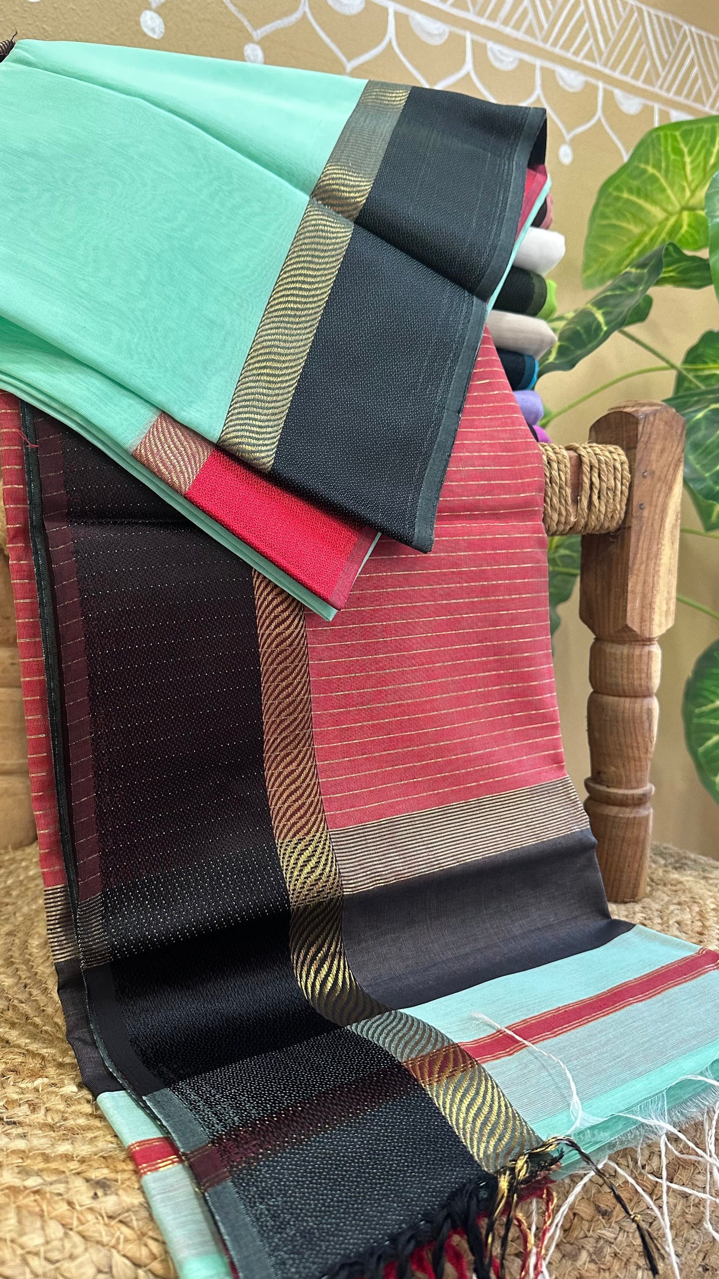 Sea Green Ganga Jamuna Maheshwari Saree GJ00419