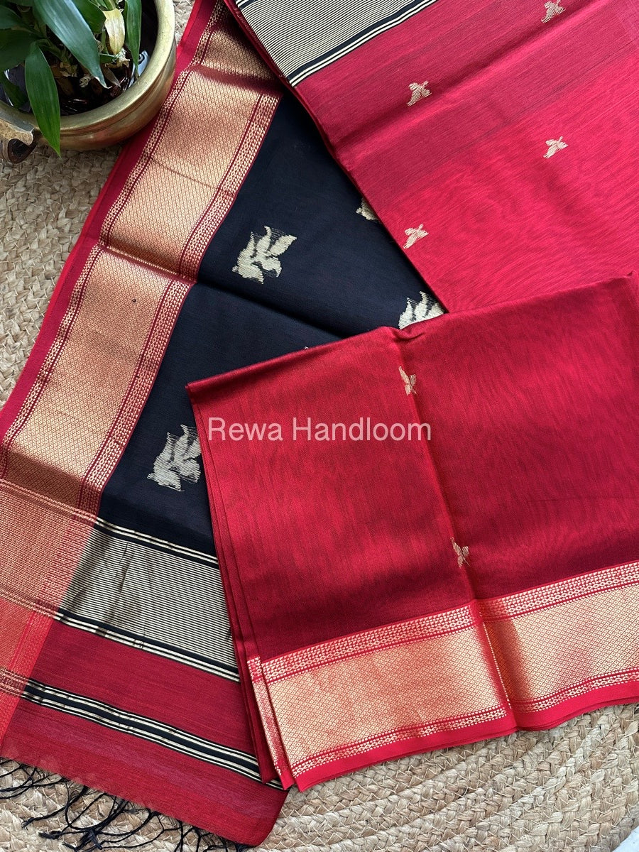 Dark Red Butta Pallu Zari Border Maheshwari Saree ZBB04