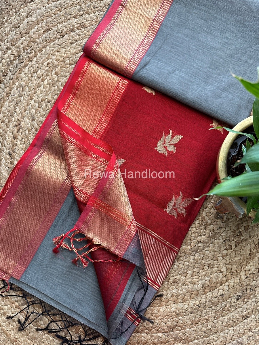 Grey Butta Pallu Zari Border Maheshwari Saree ZBB028
