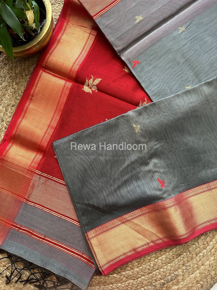 Grey Butta Pallu Zari Border Maheshwari Saree ZBB028