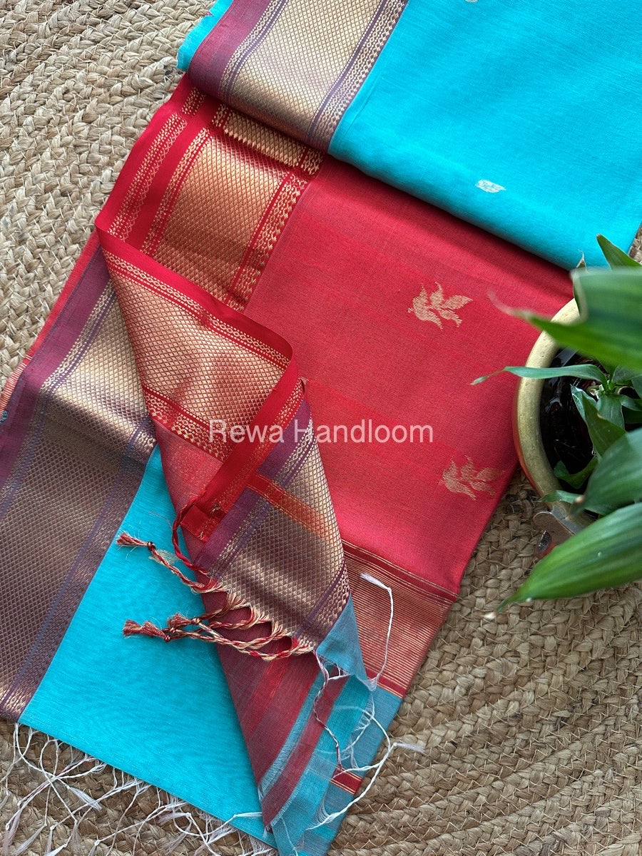 Aqua Green Butta Pallu Zari Border Maheshwari Saree ZBB029