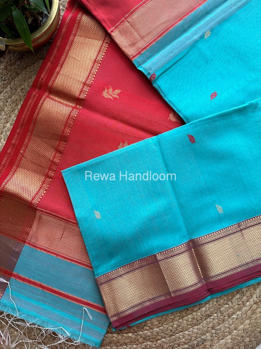 Aqua Green Butta Pallu Zari Border Maheshwari Saree ZBB029