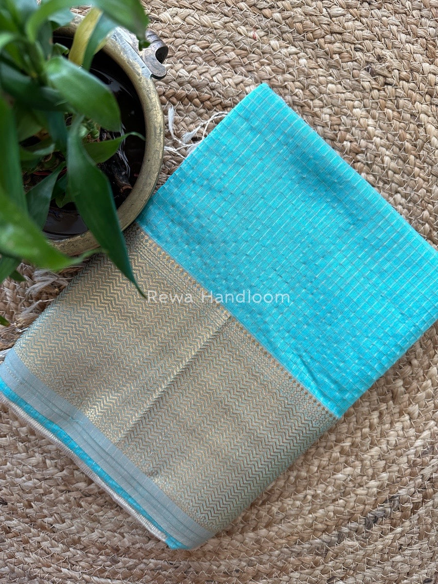 Maheshwari Light Sky Blue Zari Skirt Checks Saree SCS010