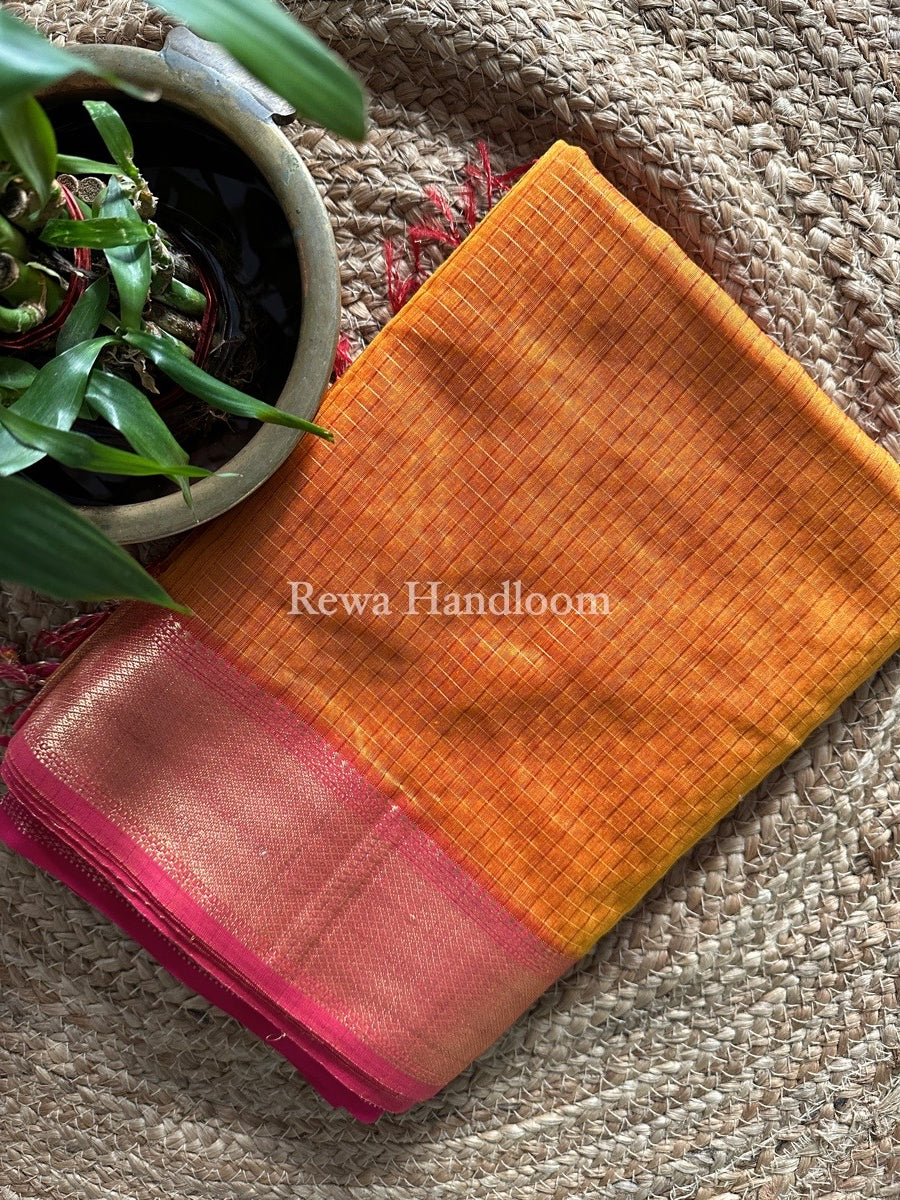 Maheshwari Mustard Yellow Zari Checks Saree ZCHX218