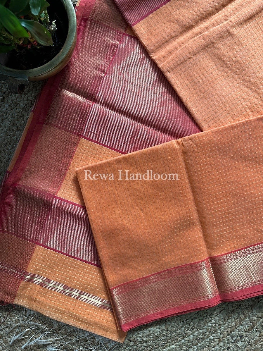 Maheshwari Light Orange Zari Checks Saree ZCHX205