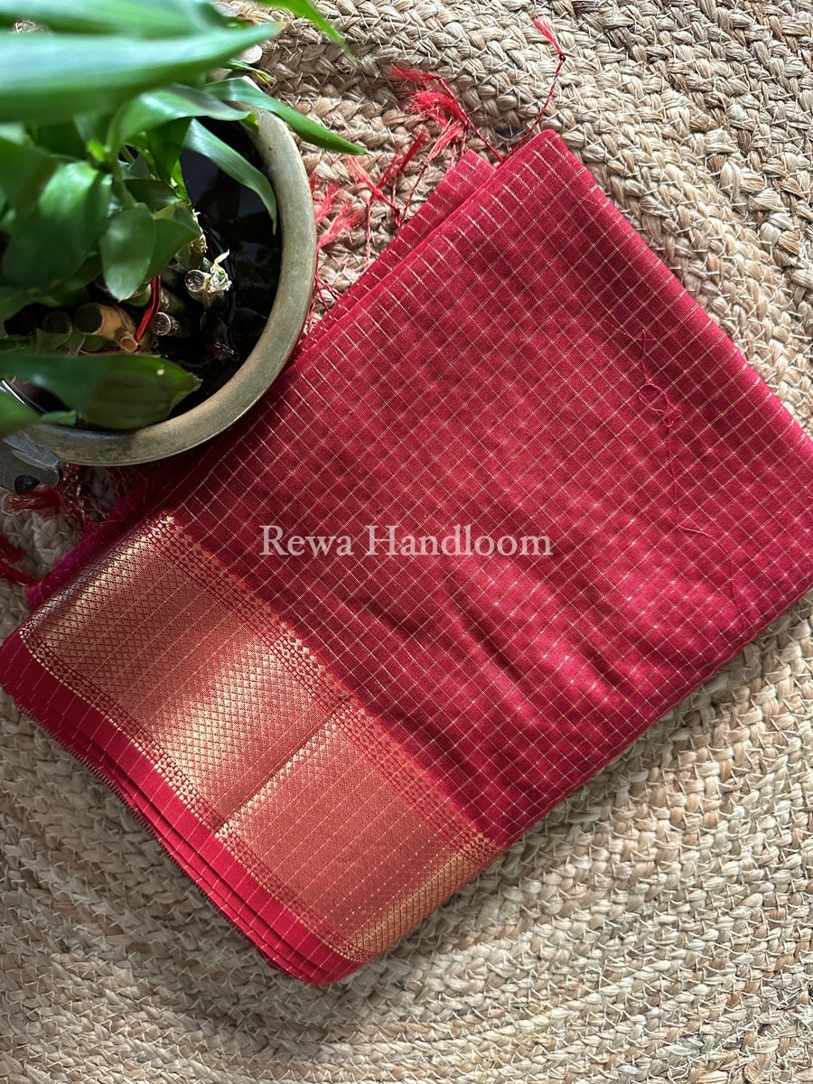 Maheshwari Dark Red Zari Checks Saree ZCHX198