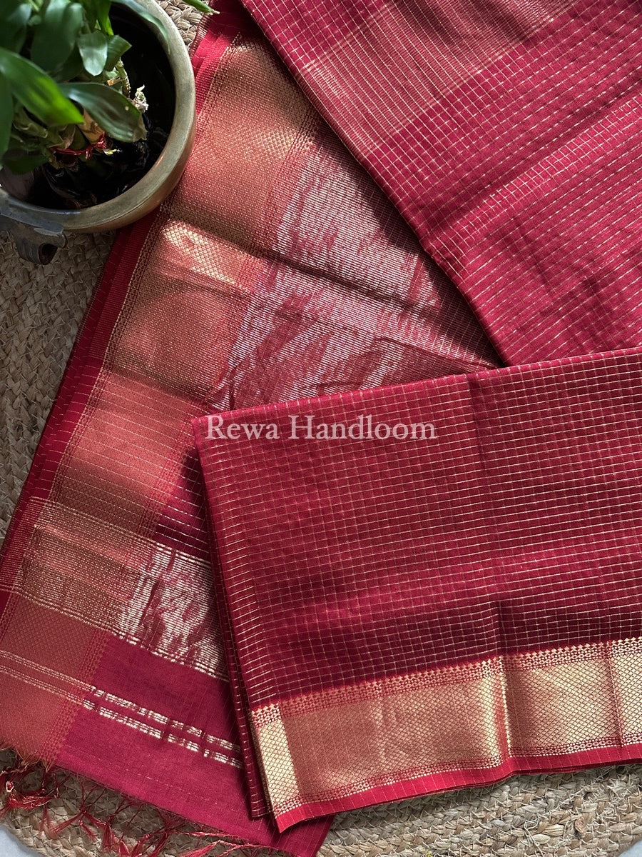 Maheshwari Dark Red Zari Checks Saree ZCHX198