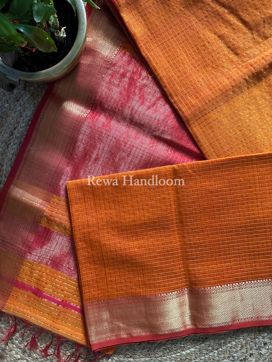 Maheshwari Orange Zari Checks Saree ZCHX208