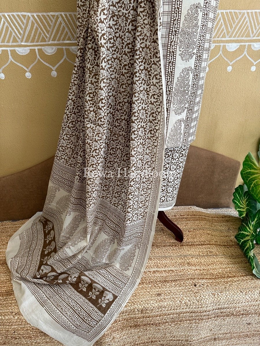 White-Beige Bagh Print Cotton Suit BCS0027