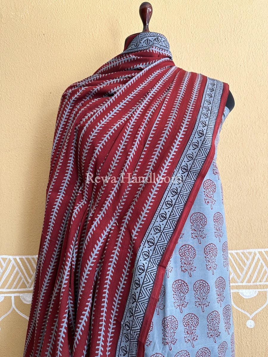 Silver Grey-Maroon Bagh Print Cotton Suit BCS0025