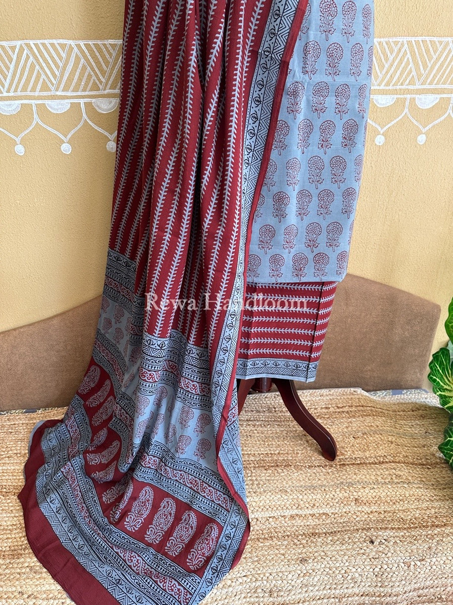 Silver Grey-Maroon Bagh Print Cotton Suit BCS0025