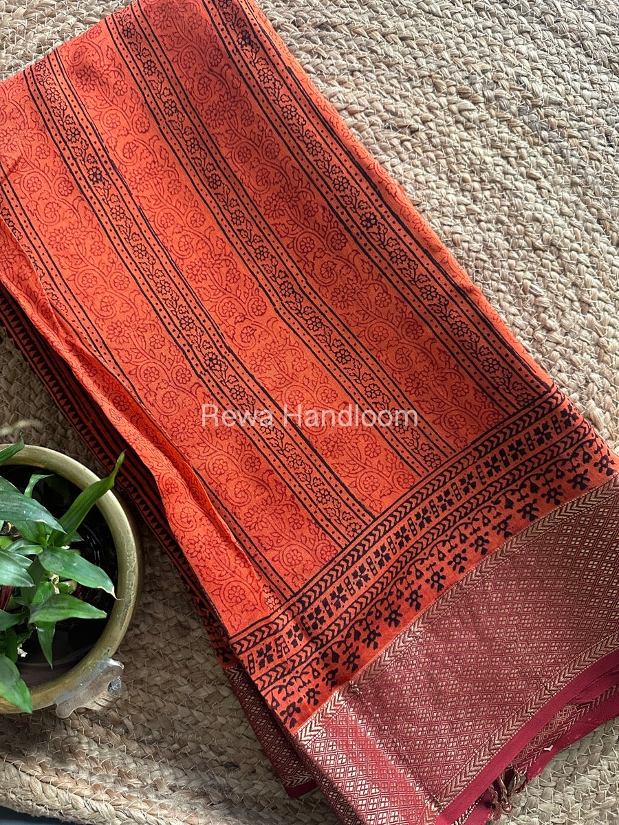 Maheshwari Orange Bagh Print Saree BPSS027