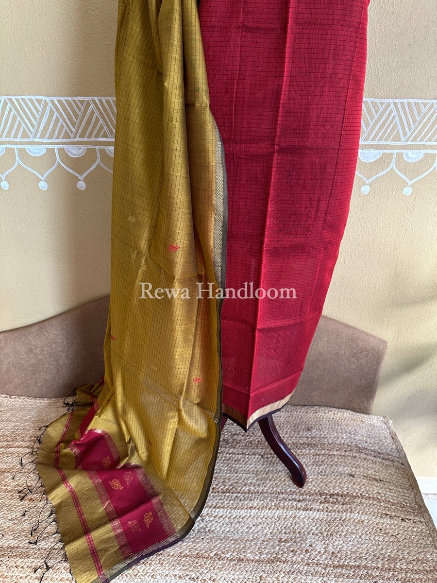 Maheshwari Red-Mustard Yellow Patti Butti Top-Dupatta Set PBS012